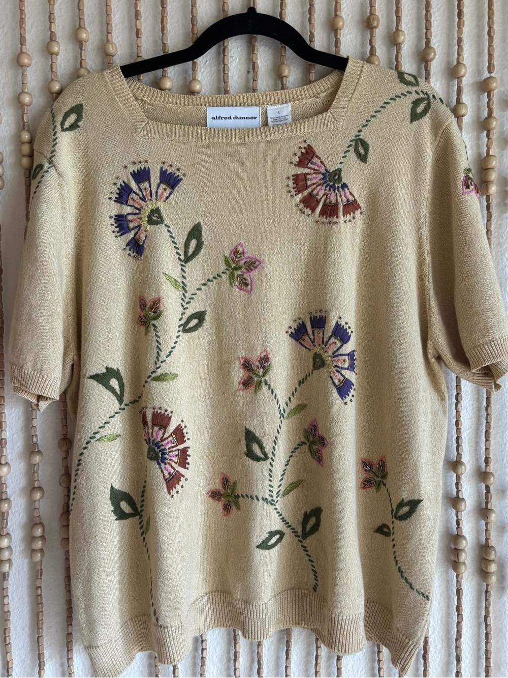 Vintage Floral Embroidered Cream Short Sleeve Square Neck Cottage Teacher Boho L